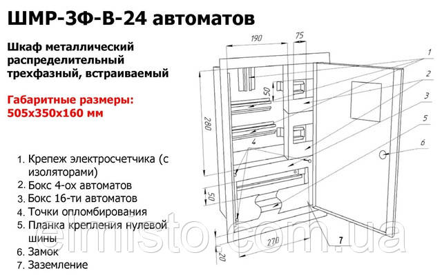 Шкаф  ШМР-3ф.эл.-24А-В распределительный металлический под 3-х фазный электронный счетчик и 24 автоматических выключателей​ врезной.