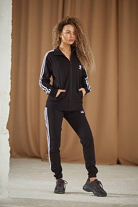 Жіночий костюм спортивний стильний повсякденний Adidas кофта на блискавці та штани чорний, фото 3