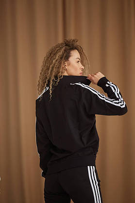 Жіночий костюм спортивний стильний повсякденний Adidas кофта на блискавці та штани чорний, фото 6