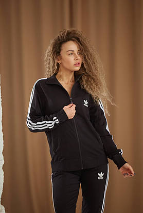 Жіночий костюм спортивний стильний повсякденний Adidas кофта на блискавці та штани чорний, фото 4