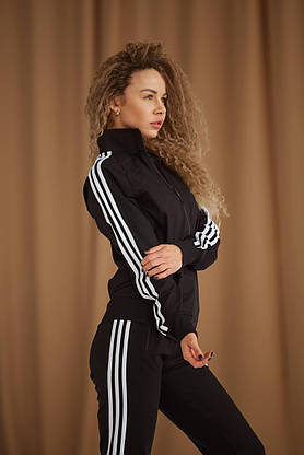 Жіночий костюм спортивний стильний повсякденний Adidas кофта на блискавці та штани чорний, фото 5