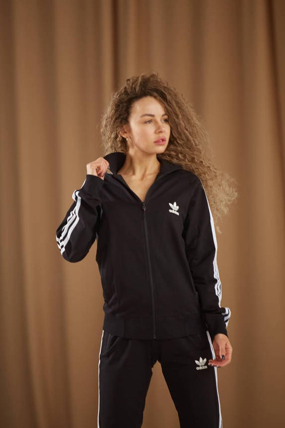 Жіночий костюм спортивний стильний повсякденний Adidas кофта на блискавці та штани чорний, фото 1