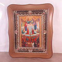 Икона Собор всех Святых, лик 15х18 см, в светлом деревянном киоте с камнями