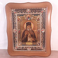 Икона Лука Святитель исповедник архиепископ Крымский, лик 15х18 см, в светлом деревянном киоте с камнями