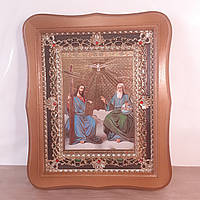 Икона Пресвятая Троица, лик 15х18 см, в светлом деревянном киоте с камнями