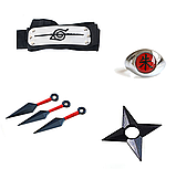 Набір Наруто: Плащ Акацукі (облако) + пов'язка + баф + кунаї 4 шт + кільце + ланцюжка Ітачі Вучиха + зірка, фото 3