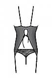 Корсет із пажами, трусики з ажурним декором та відкритим кроком Ursula Corset black L/XL — Passion SO5835, фото 4