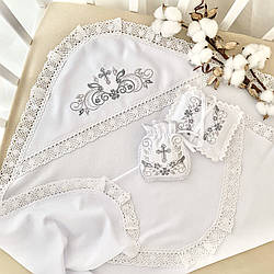 Набір для хрещення - Крижма трикотажна "Скарбничка янгола" 75х80 см, мішечок, подушечка Білий / Срібло Подарункова упаковка