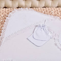 Набір для хрещення - Крижма трикотажна "Вічність" 75х80 см, серветка, мішечок для локона Інтерлок Білий