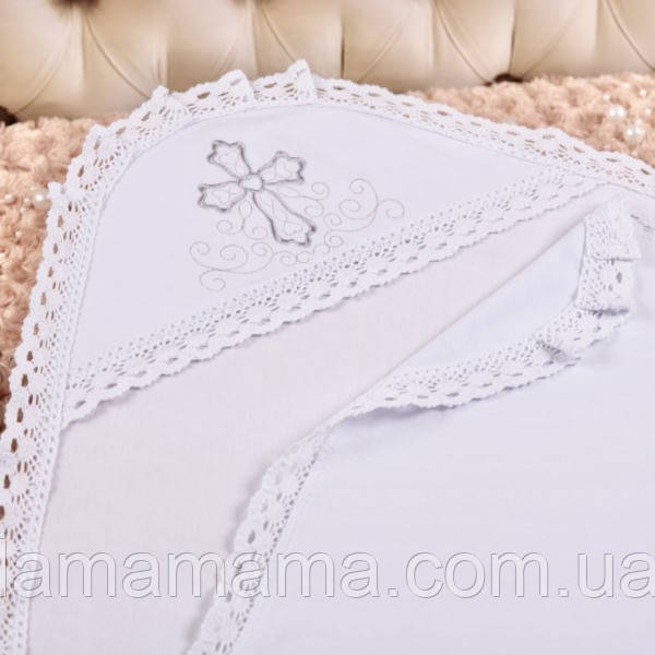 Крижма трикотажна для хрещення "Чарівний янгол" 75х80 см Інтерлок Білий/Срібло, фото 1