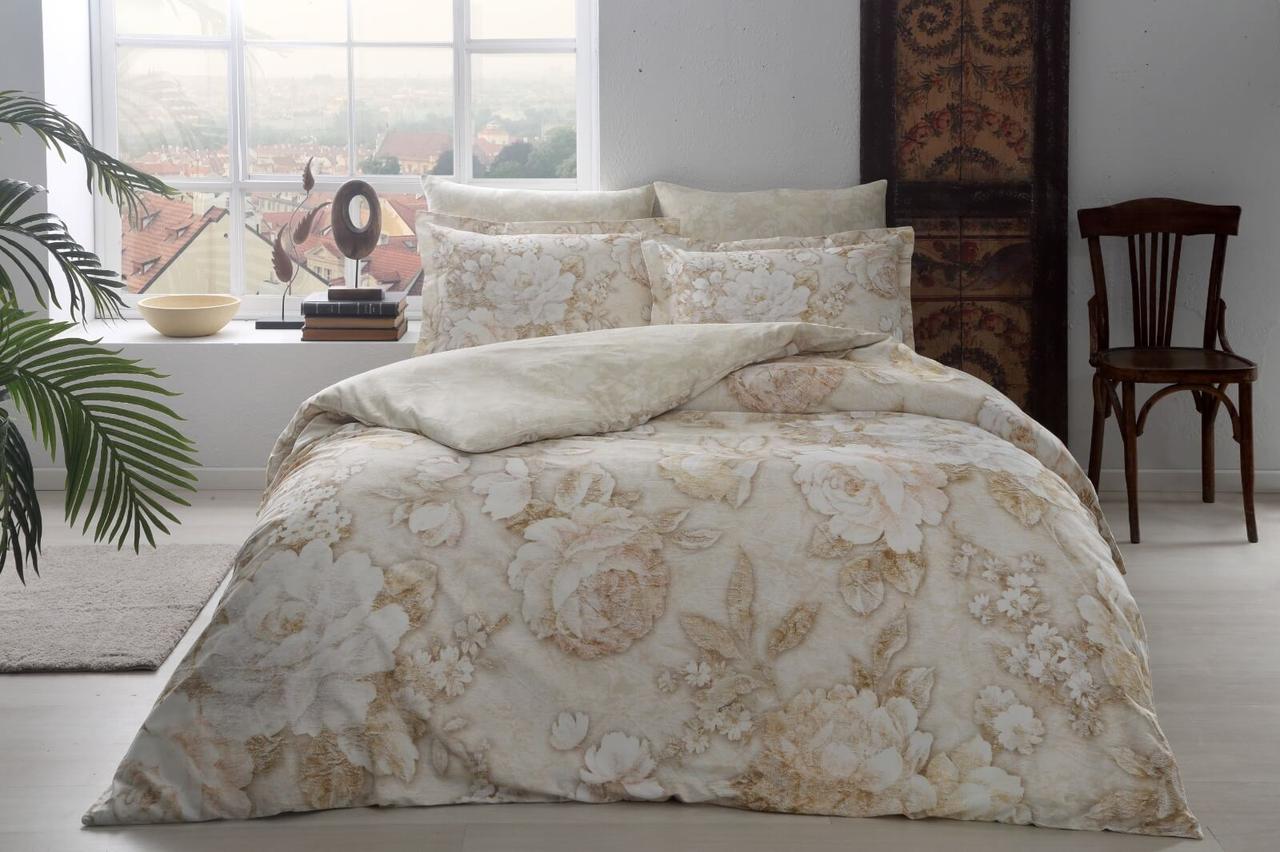 Сімейна Турецька Постільна Білизна TAC Seine Beige Сатин Digital, фото 1