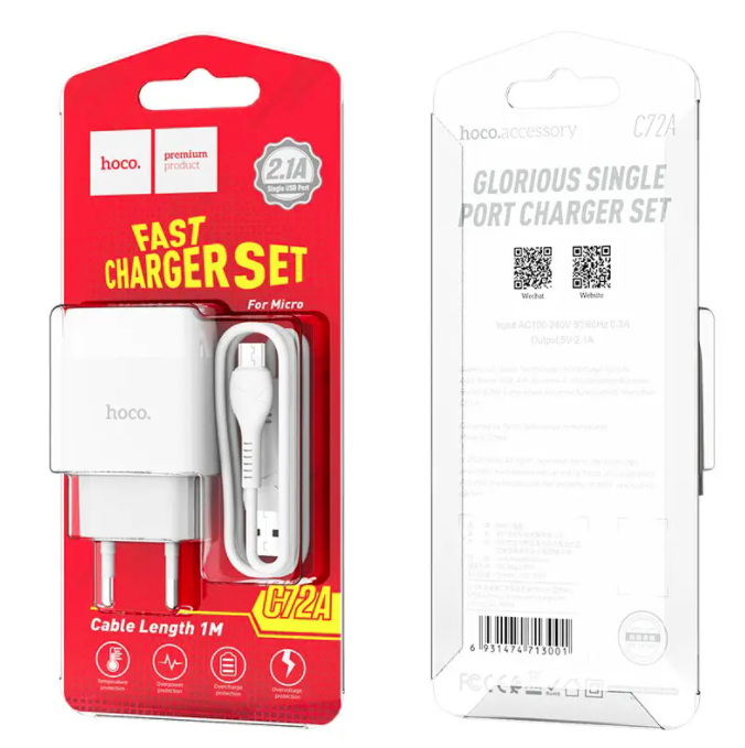 Мережевий зарядний пристрій для Original Hoco C72A з Micro (EU) 1USB, 2.1, Чорний