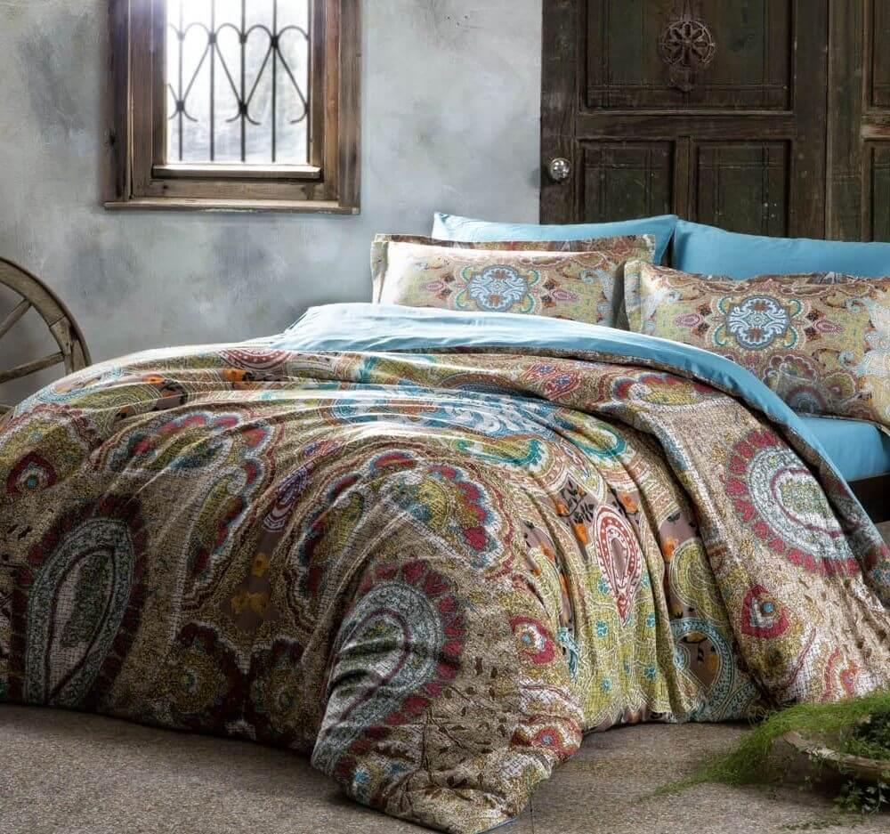 Семейное Турецкое Постельное Белье TAC Paisley Turquoise Сатин Deluxe ...