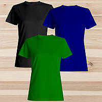 Комплект (набор) женские футболки базовые однотонные: темно-синяя, -зеленая, черная. Майка под печать