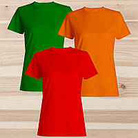 Комплект (набор) женские футболки базовые однотонные темно-зеленая, оранжевая, красная. Майка печать