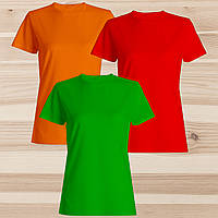 Комплект (набор) женские футболки базовые однотонные: зеленая, оранжевая, красная. Майка под печать
