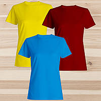 Комплект (набір) жіночі футболки базові однотонні: бардова, жовта, голуба. Майка під друк