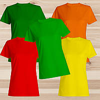 Комплект (набір) жіночі футболки базові: темно-зелена, зелена, червона, оранжева, жовта. Під друк