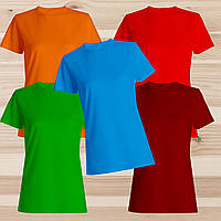 Комплект (набір) жіночі футболки базові: бардова, зелена, червона, оранжева, голуба. Під друк