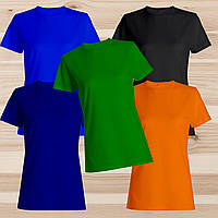 Комплект (набір) жіночі футболки базові: тем.зелена, оранжева, чорна, синя, темно-синя. Під друк