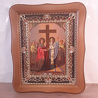 Икона Воздвижение креста Господнего, лик 15х18 см, в светлом деревянном киоте с камнями