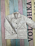 Куртка-рубашка прямая стёганая бежевая на весну для девочки 8, 9, 10 лет на рост 128, 134, 140 см
