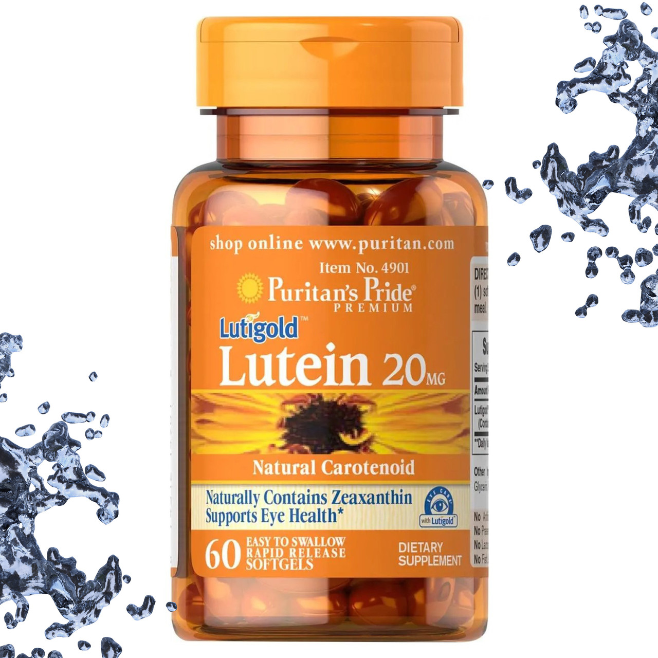Вітаміни для очей Puritan's Pride Lutigold Lutein 20 мг with Zeaxanthin (Лютеїн +Зеаксанстин) 60 гелевих капсул