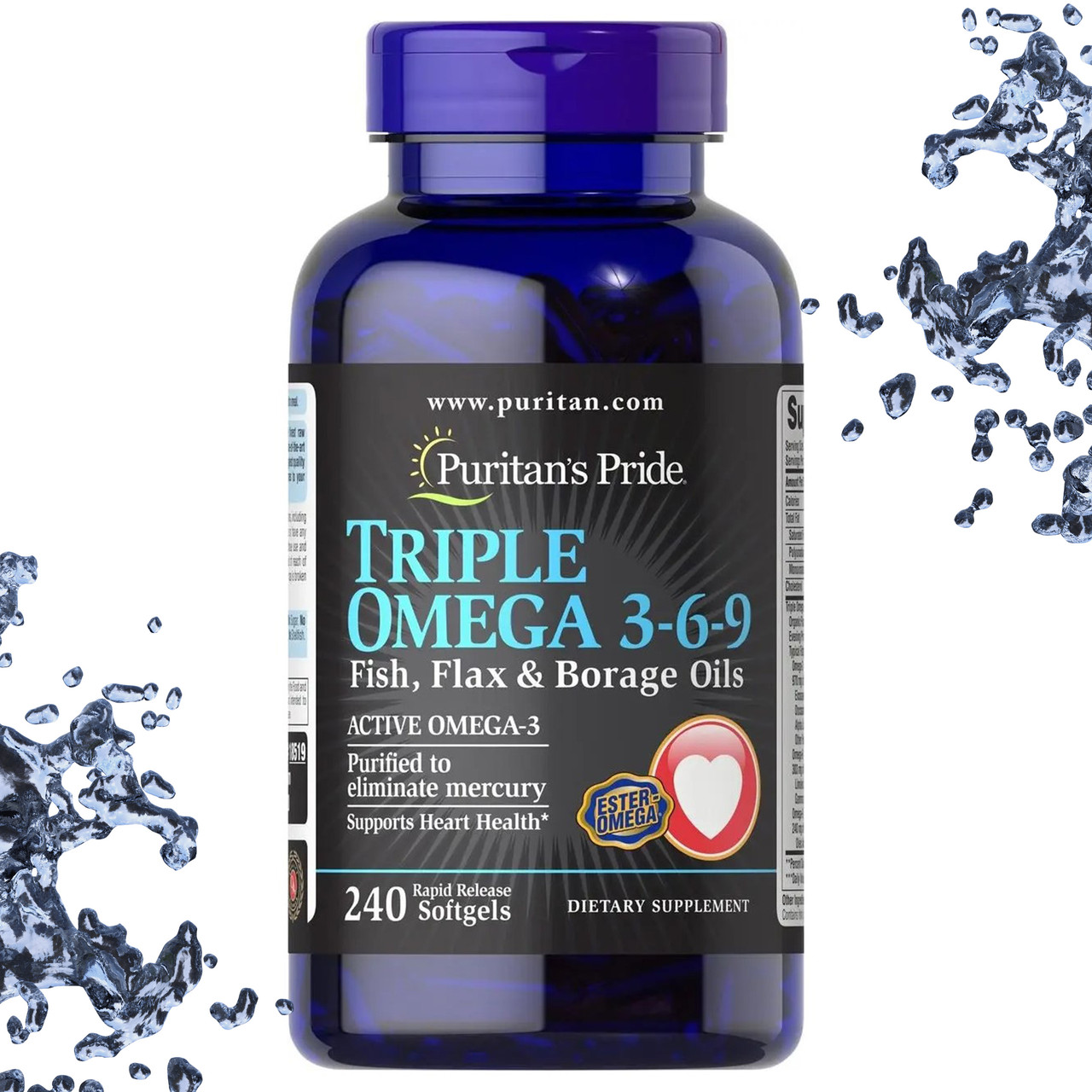 Жирні кислоти Puritan's Pride Triple Omega 3-6-9 Fish, Flex & Borage Oils 240 гелевих капсул, фото 1