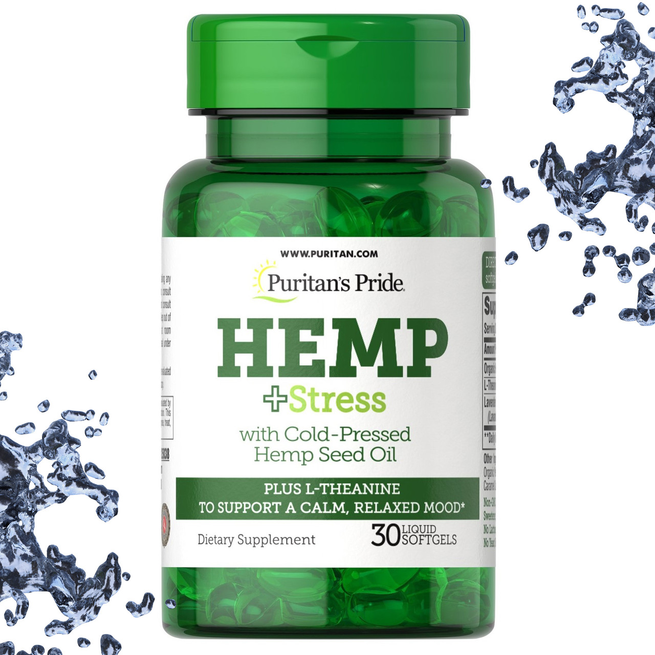 Масло Коноплі + Л-Теанін Puritan's Pride Hemp + Stress L-Theanine 30 рідких гелевих капсул, фото 1