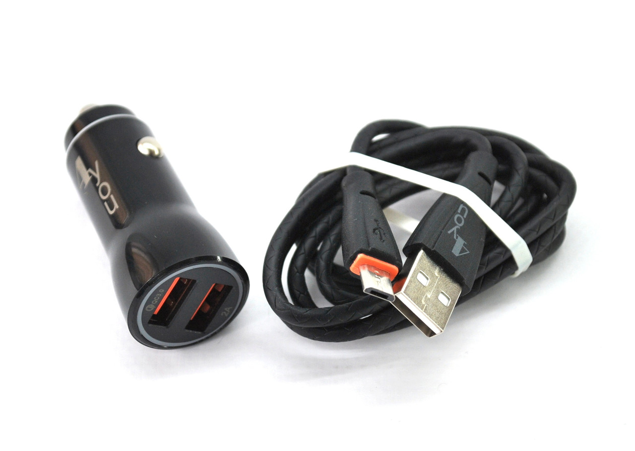 Автомобільний зарядний пристрій 4you B2 кабель Micro USB, 5A-25В, QC3, із швидкою зарядкою, 2 USB, чорний