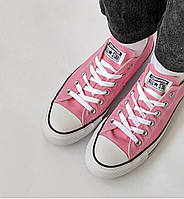 Женские розовые низкие текстильные кеды Converse конверсы со шнурками конверс
