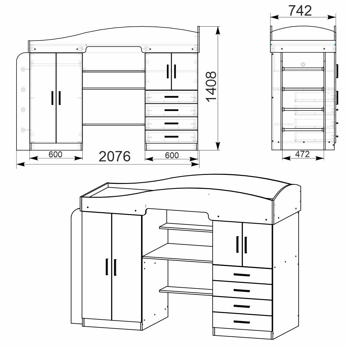 Кровать чердак Компанит Универсал-2 со шкафом и столом - фото 2 - id-p1597295800