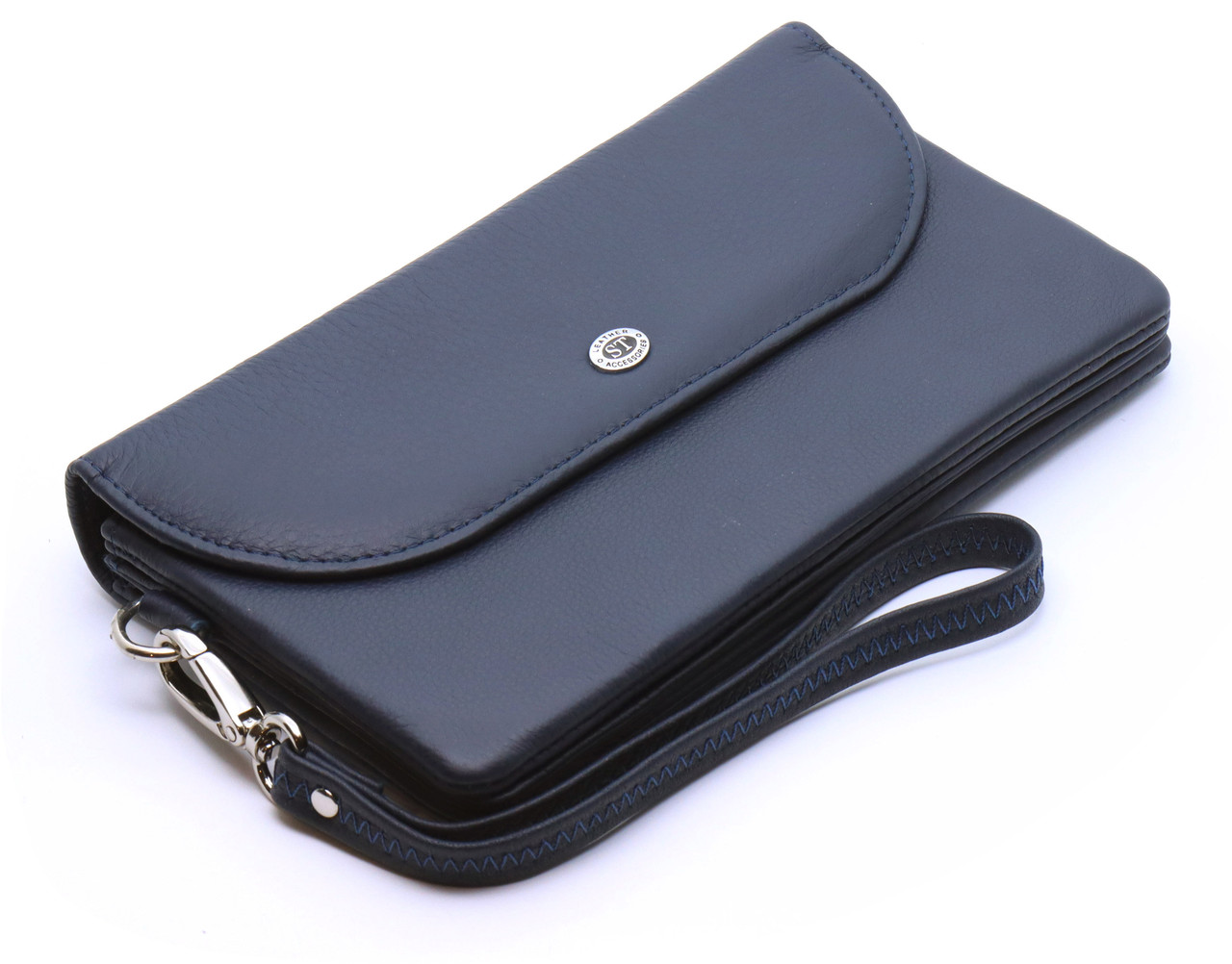 Темно-синій жіночий гаманець-клатч з натуральної шкіри з клапаном на кнопці ST Leather ST23
