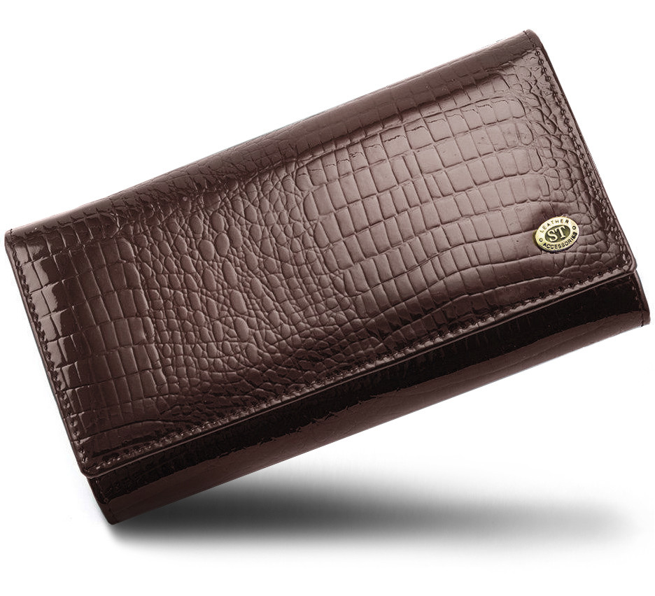 Коричневий лаковий багатофункціональний гаманець з натуральної шкіри ST Leather S8001A, фото 1