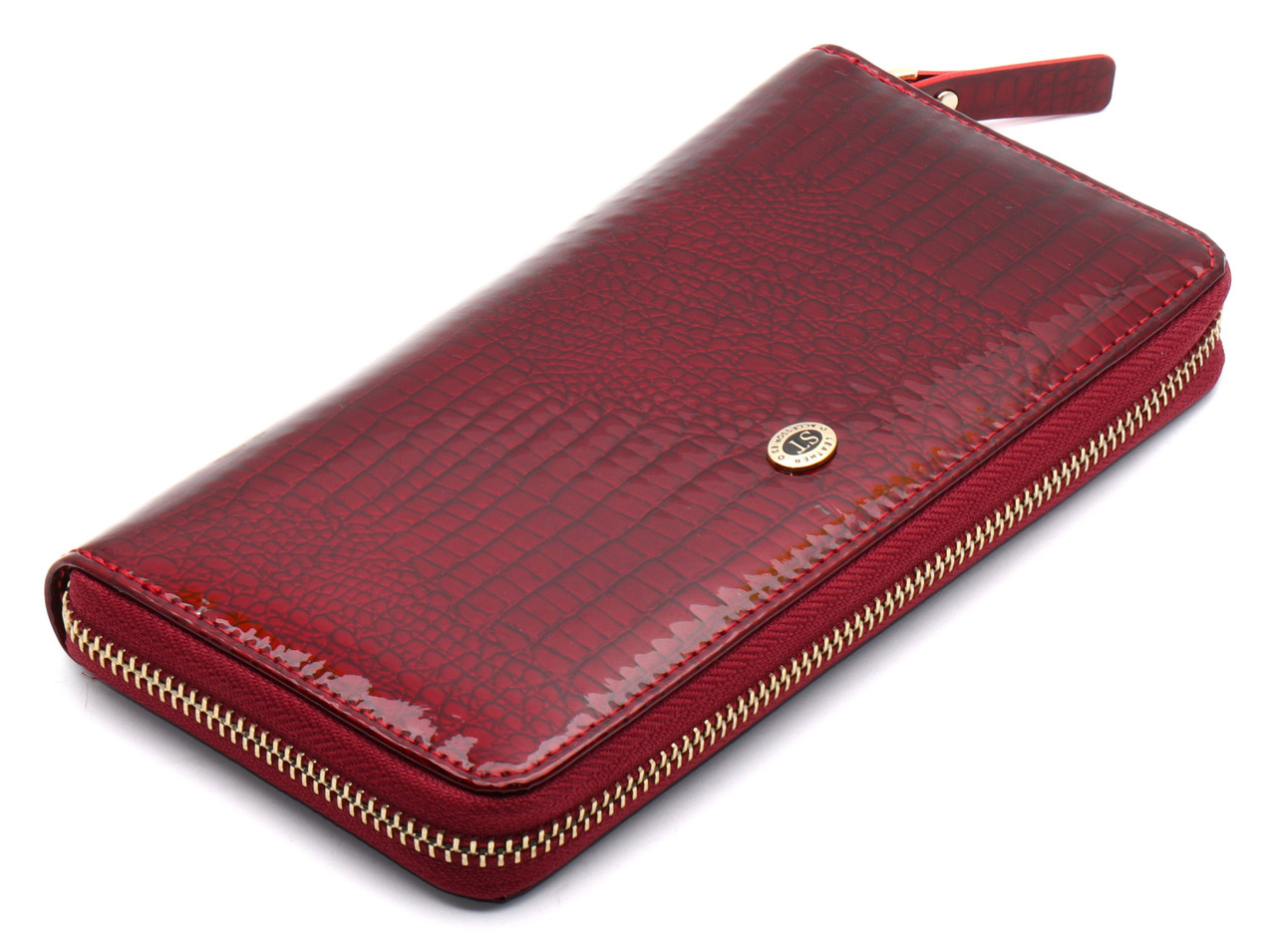 Бордовий лаковий гаманець з натуральної шкіри на блискавці з ремінцем для руки ST Leather S4001A