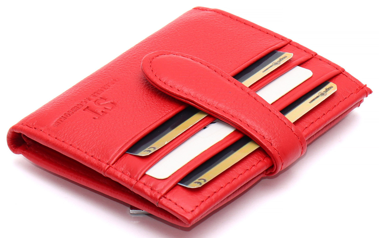 Червоний гаманець-візитниця з натуральної шкіри з фіксацією на хлястик з кнопкою ST Leather ST004