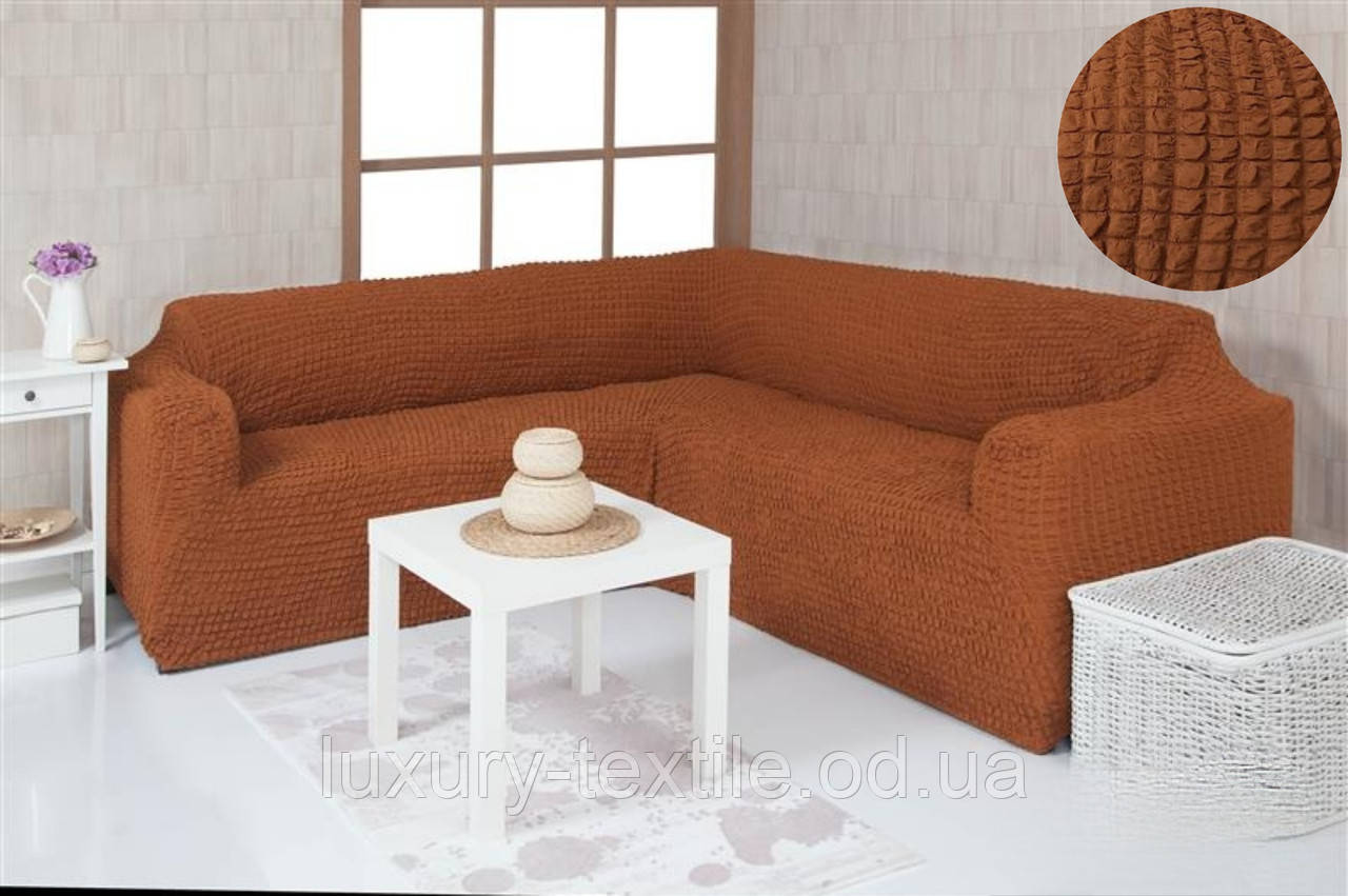 Чохол на кутовий диван без оборки, натяжний, жатка-креш, універсальний, Concordia цегляний
