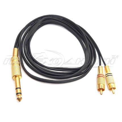 Кабель jack 6.3 mm stereo to 2RCA , в екрані, метал Gold, фото 2