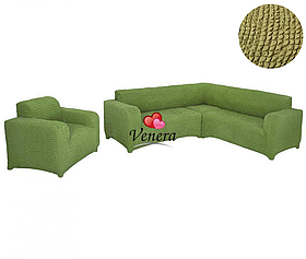 Чохол на кутовий диван та крісло без оборки, натяжний, жатка-креш, універсальний Concordiа,оливковий