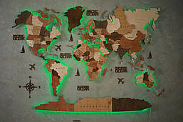 Дерев'яна карта світу на стіну з led підсвічуванням 300х175 см