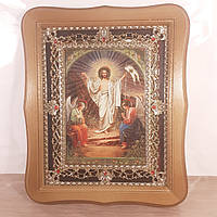Икона Христово Воскресенье, Пасха, лик 15х18 см, в светлом деревянном киоте с камнями