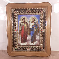 Икона Михаил и Гавриил Архангелы, лик 15х18 см, в светлом деревянном киоте с камнями