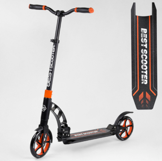 Складаний двоколісний самокат Best Scooter 23023 / колеса PU / 2 амортизатори / колір чорно-жовтогарячий, фото 1