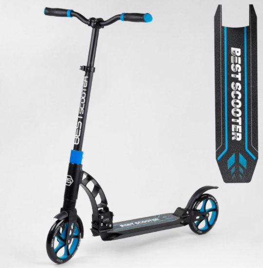 Складаний двоколісний самокат Best Scooter 44073 колеса PU/2 амортизатора/колір чорно-синій, фото 1