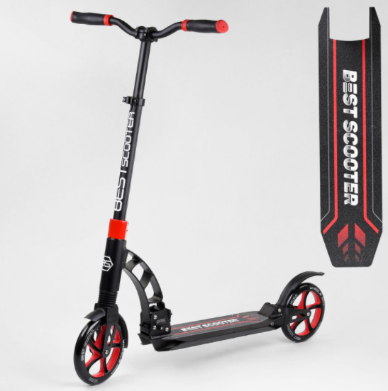 Складаний двоколісний самокат Best Scooter 42923 колеса PU/2 амортизатора/колір чорно-червоний, фото 1
