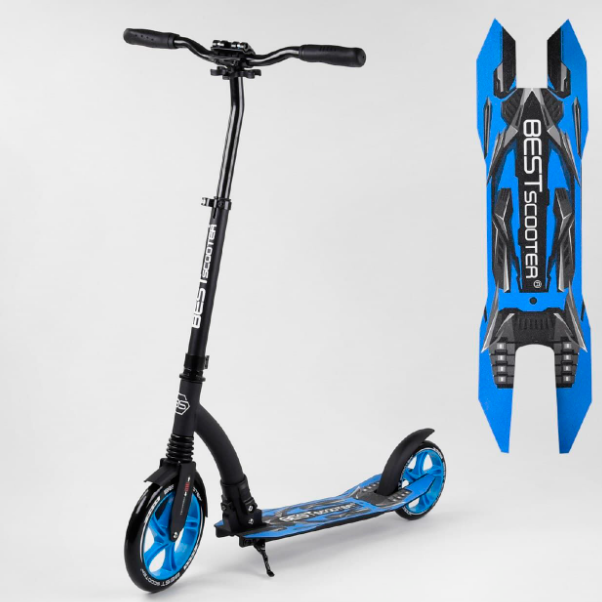 Складаний самокат двоколісний 54664 Best Scooter з амортизатором і широким кермом синій, фото 1