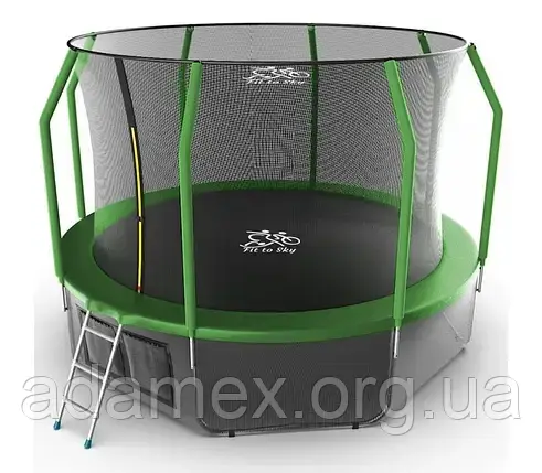 Батут FitToSky 374 см з внутрішньою сіткою та драбинкою зелений- 72 пружин