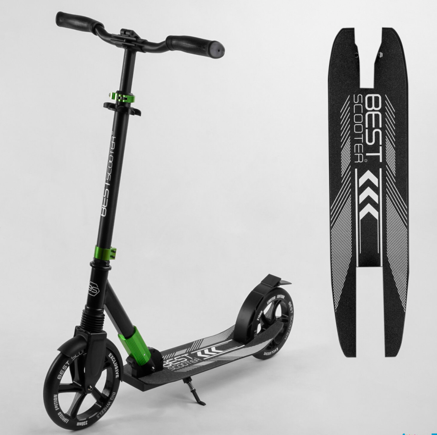 Двоколісний складаний алюмінієвий самокат Best Scooter 93427 з амортизатором і підніжкою, фото 1