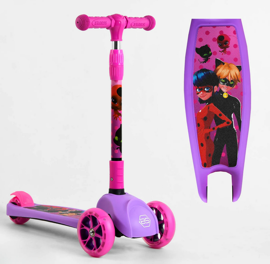 Дитячий складаний триколісний самокат для дівчинки Best Scooter 80277 зі світлом.колесами+дисками Леді Баг і Кіт