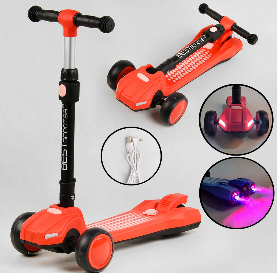 Самокат дитячий триколісний складаний Best Scooter LT-12857 з парогенератором / Звук машини / Дим / Світло